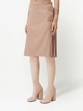 Burberry Blush-Tan Wrap Midi Skirt with Pleat and Fringe Trim